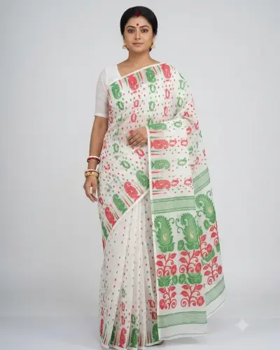 White Belpata Jamdani Saree Traditional Handloom Saree