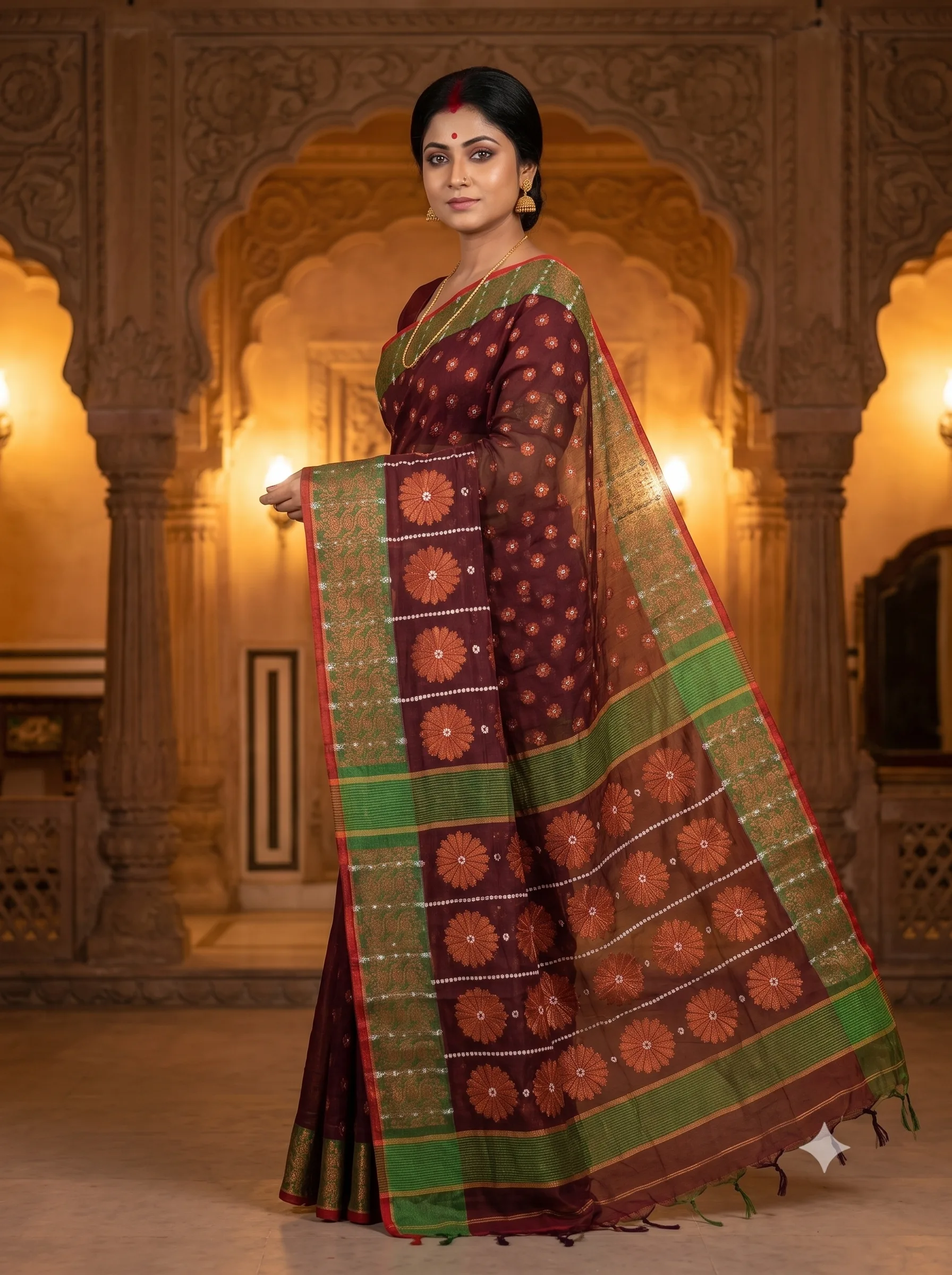 Handloom Flower Wine Red Saree