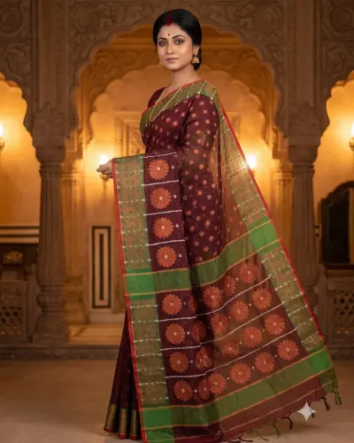 Handloom Flower Wine Red Saree