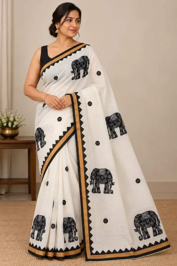 Shantipur Katha Stitched Black Elephant Saree