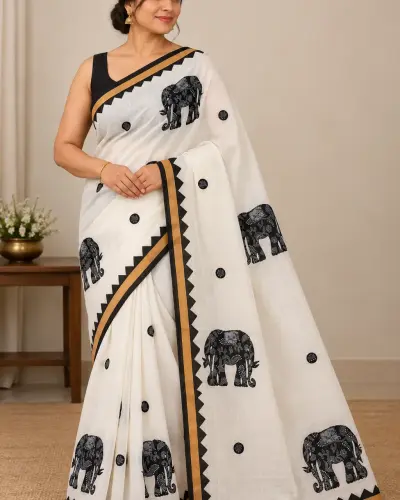 Shantipur Katha Stitched Black Elephant Saree
