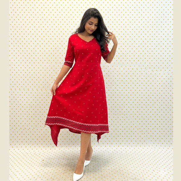 Red Pure Cotton Dress For Women