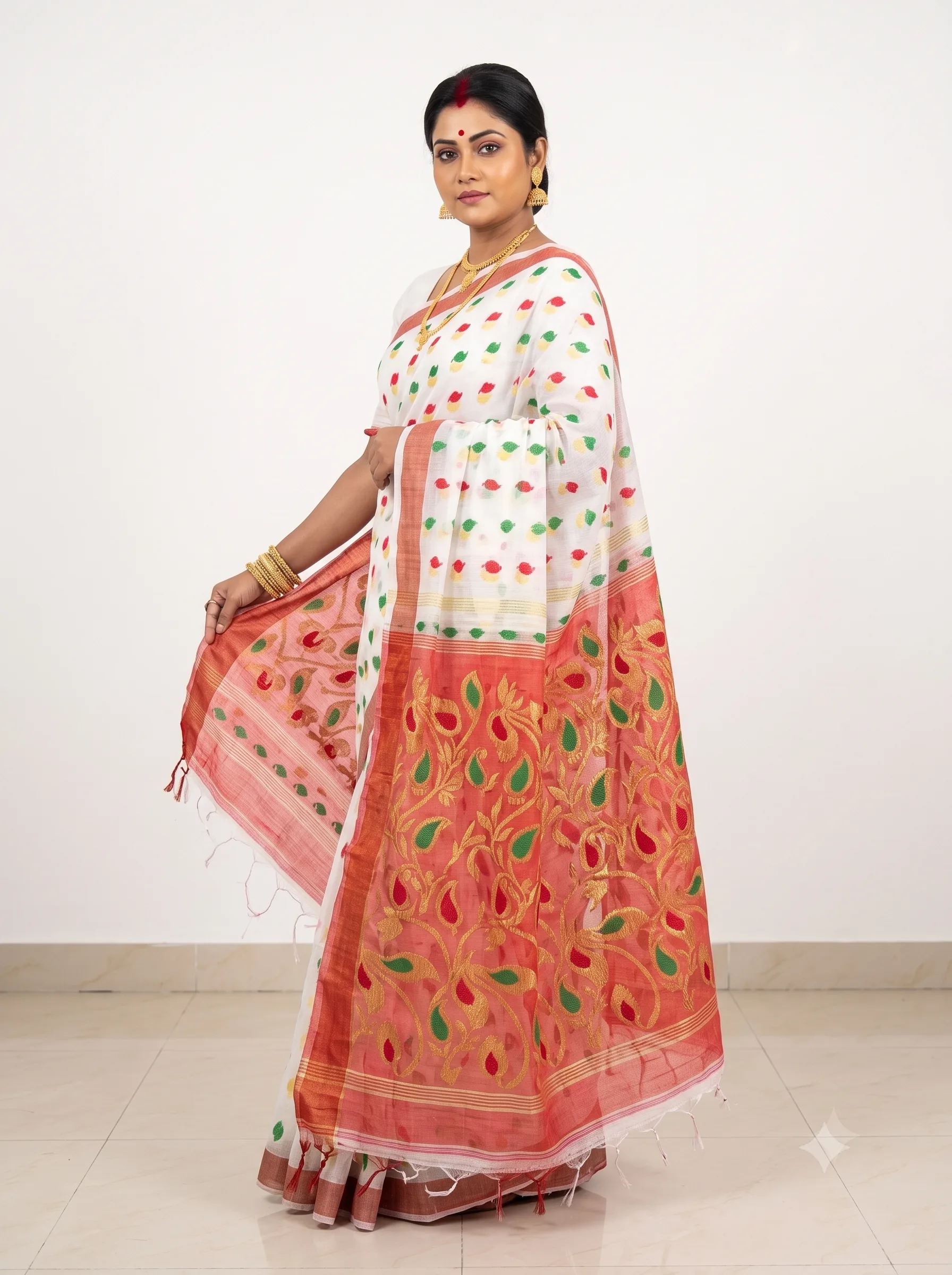 Handloom Mouchak White Saree