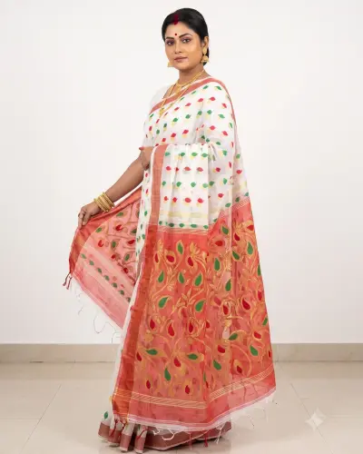 Handloom Mouchak White Saree