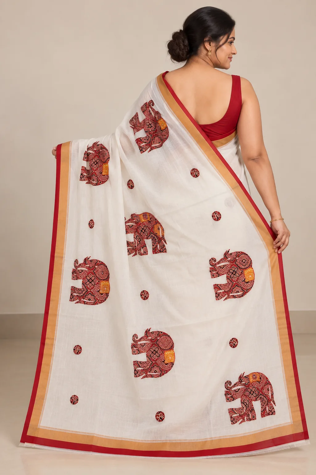 Shantipur Katha Stitched Red Elephant Saree