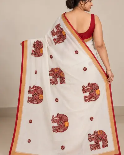 Shantipur Katha Stitched Red Elephant Saree