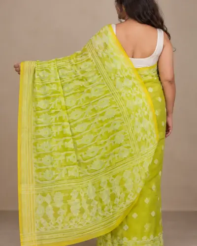 Muslin Trending Light Green Saree Shantipur West Bengal