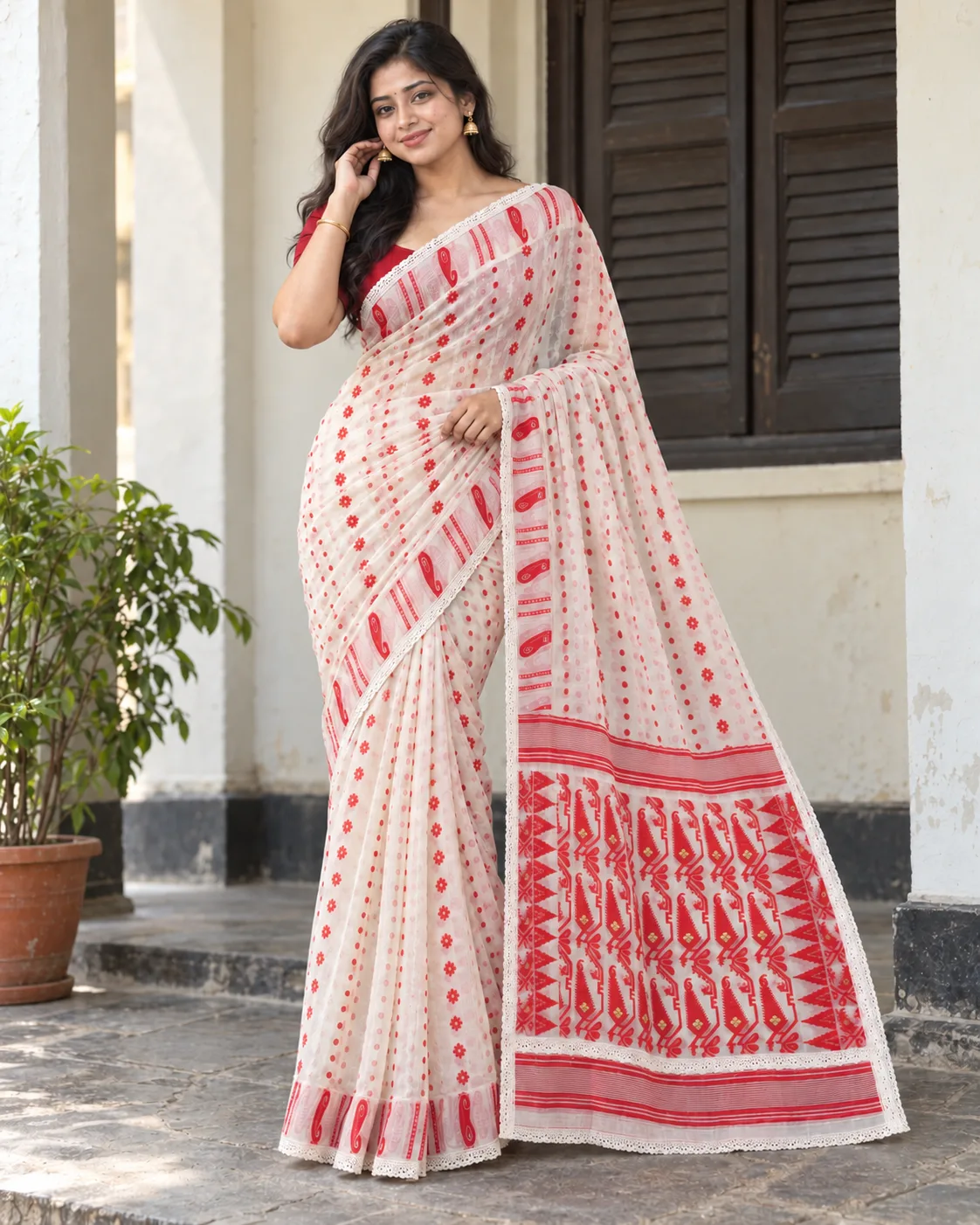 Customised Achal Red White Saree
