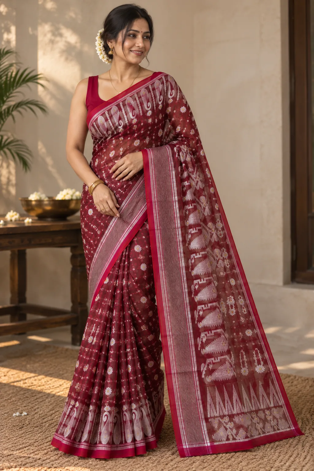 Floral Wine Red Saree