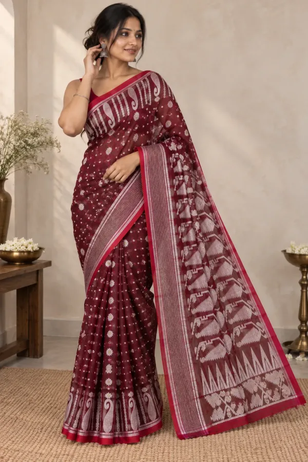 Floral Wine Red Saree