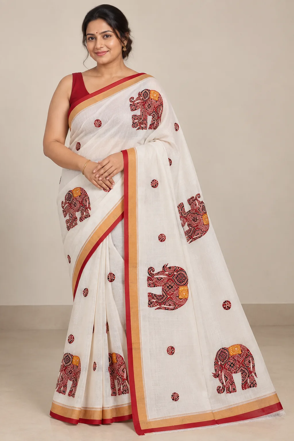Shantipur Katha Stitched Red Elephant Saree