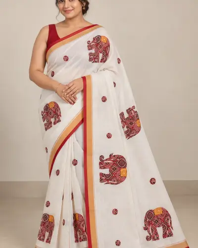 Shantipur Katha Stitched Red Elephant Saree