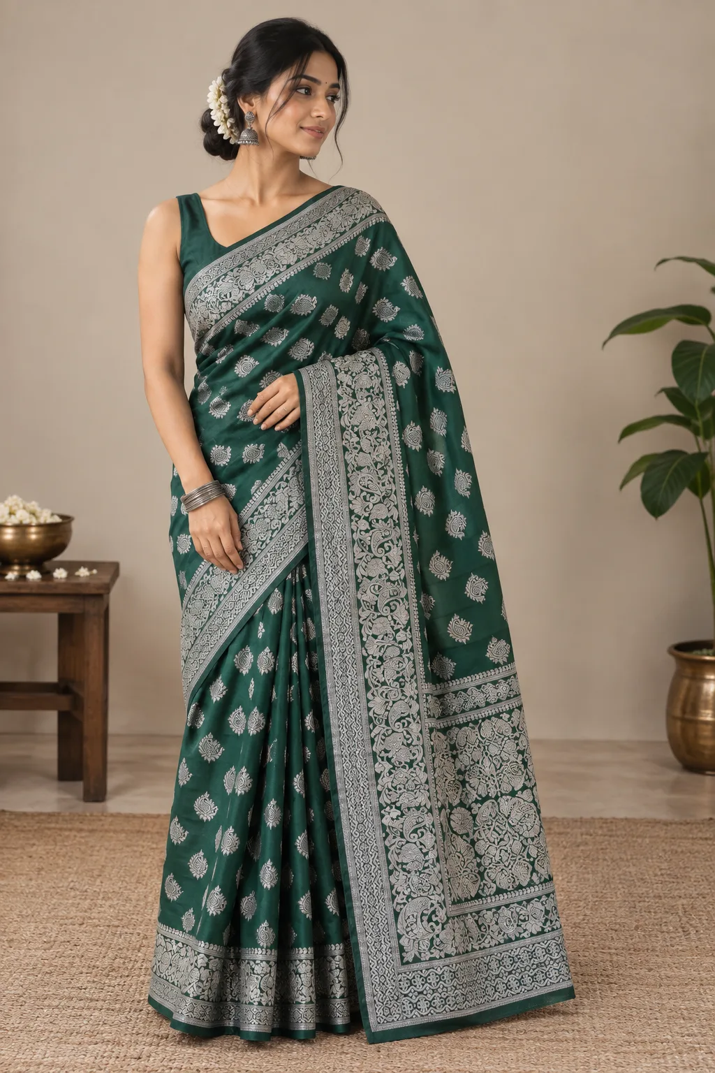 Jamdani Silk Green Saree
