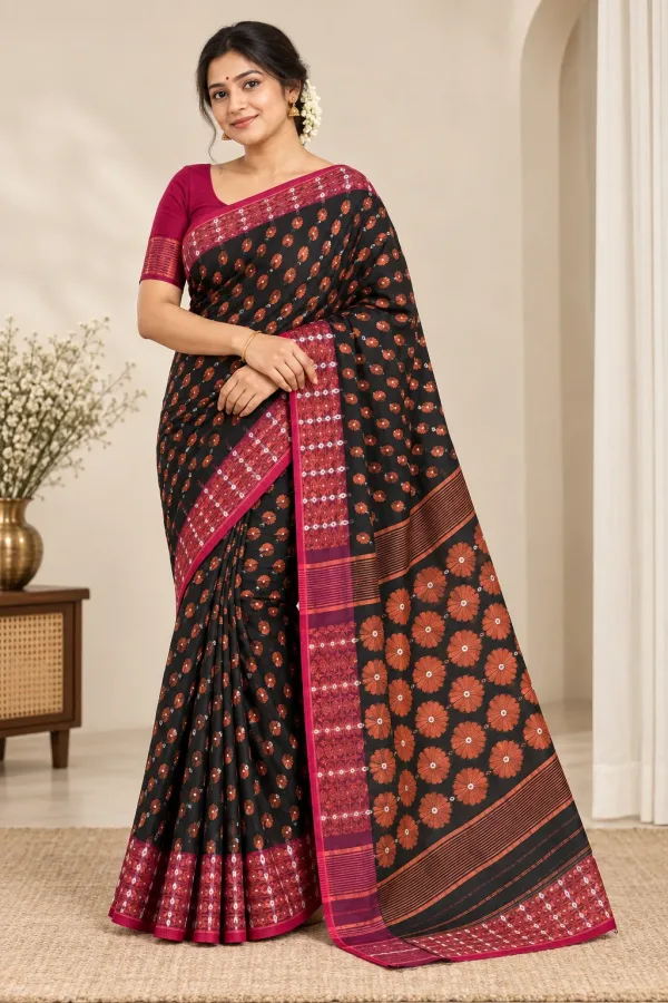 Handloom Flower Black Saree