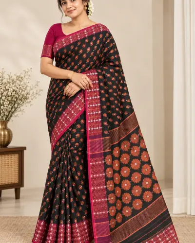 Handloom Flower Black Saree
