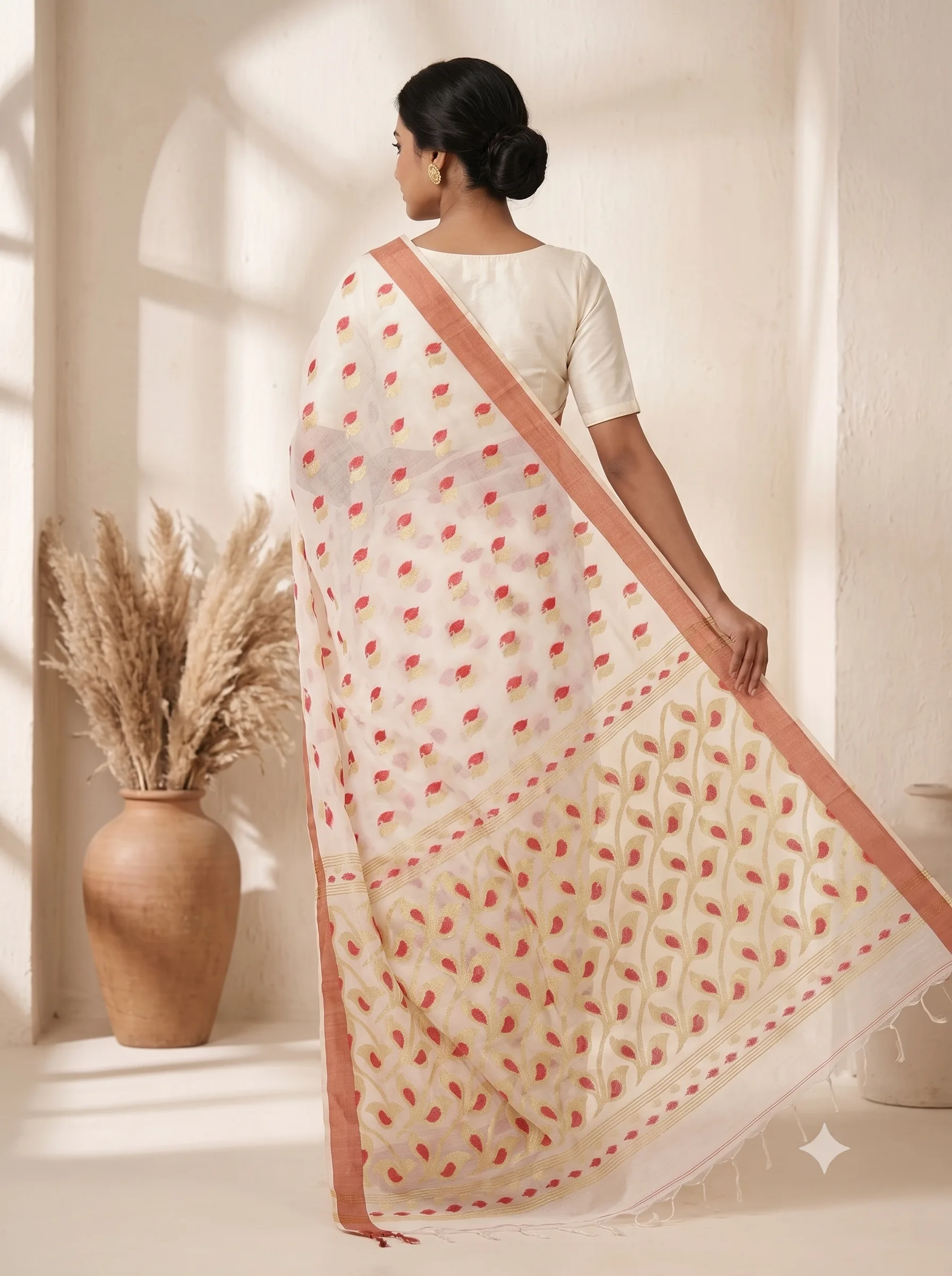 Handloom Mouchak White Saree