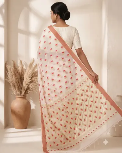 Handloom Mouchak White Saree