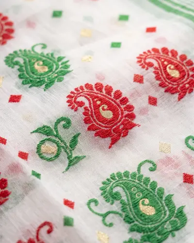 White Belpata Jamdani Saree Traditional Handloom Saree