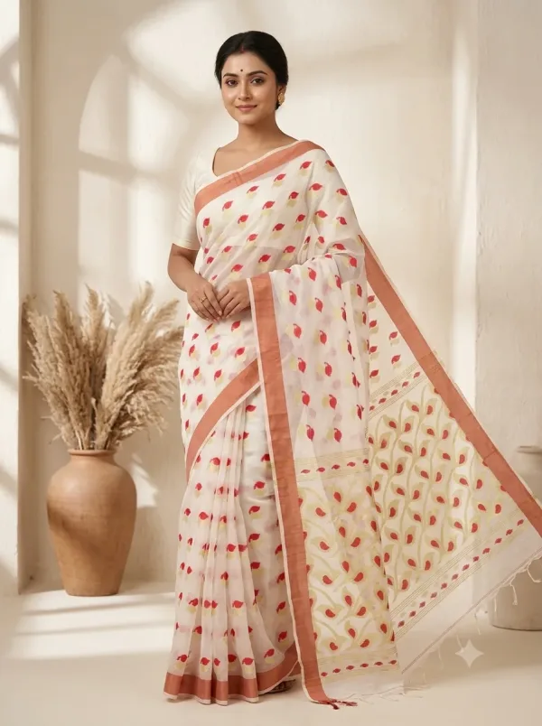 Handloom Mouchak White Saree