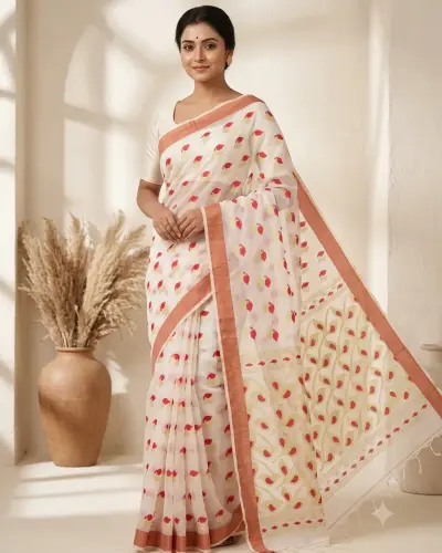 Handloom Mouchak White Saree