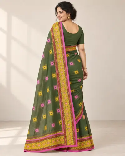 Pure Cotton Shantipur Deep Green Saree