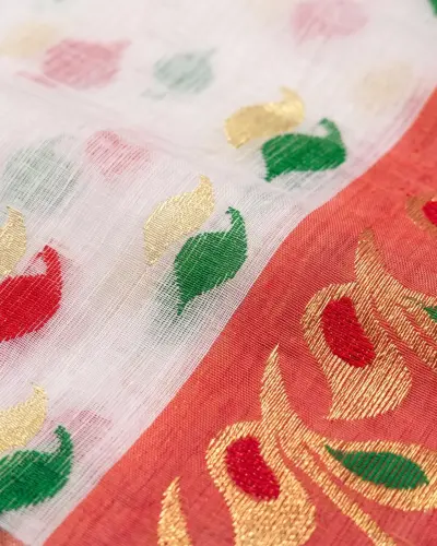 Handloom Mouchak White Saree