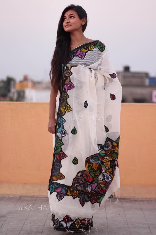 Handloom saree with Kantha Stitch work on Applique