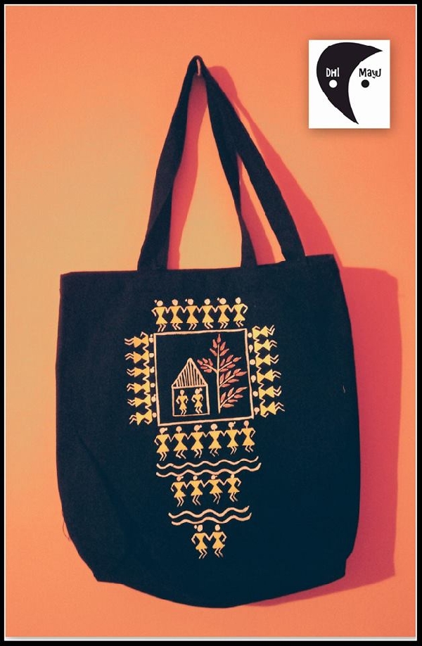 Warli Art Handpainted Side Bag black