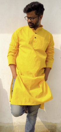 DhiMayu Men's pure cotton Long Kurta Yellow