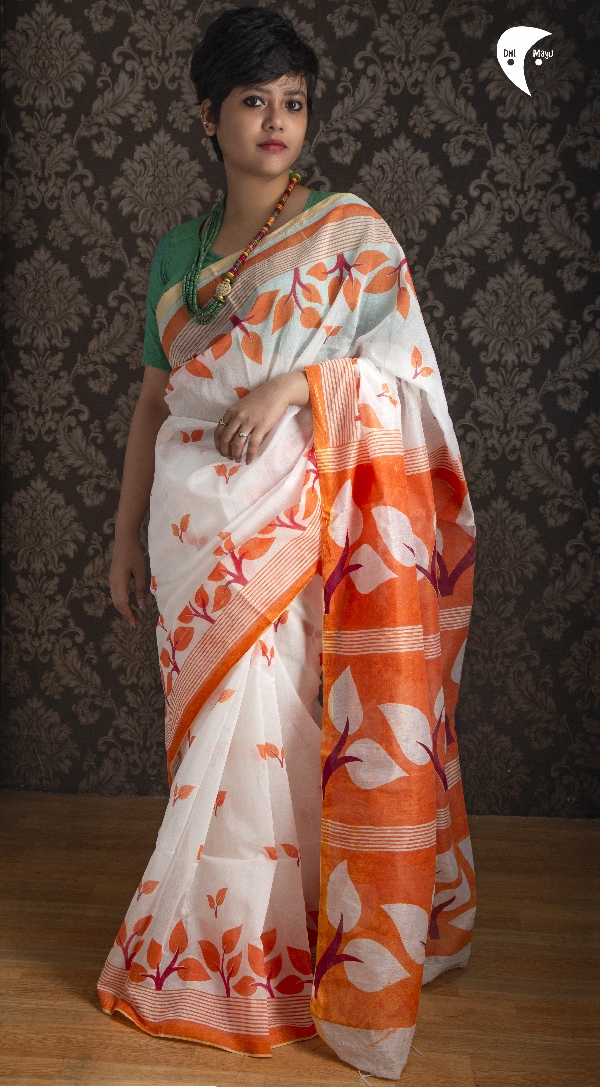 Orange Leaf handloom cotton saree