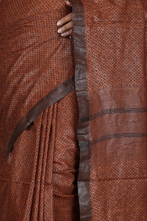 Swatika Ethnic Indian Bhagalpuri Handloom All Over Black Thread Woven Design Brown Colored Cotton Silk Saree/Sari with an unstitched Blouse Piece Model No - S9OTRD107