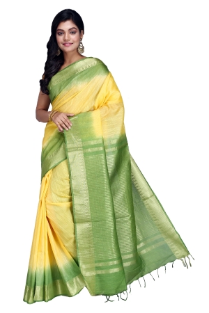 Swatika Ethnic Indian Bhagalpuri Handloom Zari Temple Yellow-Green Colored Mix Silk Saree/Sari with an unstitched Blouse Piece Model No - S9OTJJ042