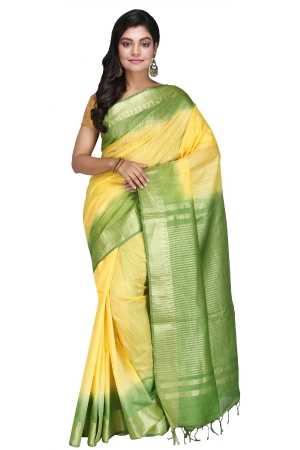 Swatika Ethnic Indian Bhagalpuri Handloom Zari Temple Yellow-Green Colored Mix Silk Saree/Sari with an unstitched Blouse Piece Model No - S9OTJJ042