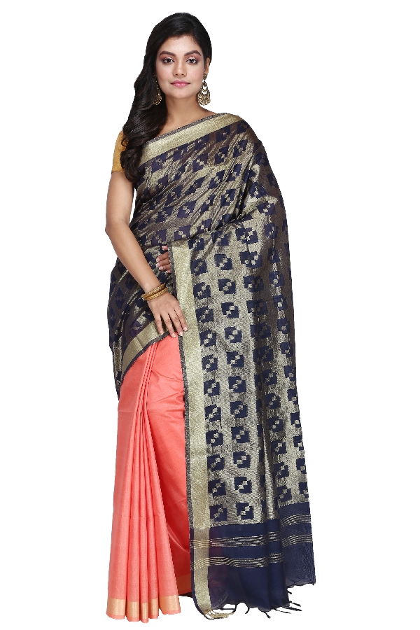 Swatika Ethnic Indian Bhagalpuri Handloom Half - Half Peach-Blue Colored Mix Silk Saree/Sari with an unstitched Blouse Piece Model No - S9OTJJ040