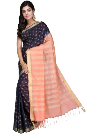 Swatika Ethnic Indian Bhagalpuri Handloom All Over Natural Thread Woven Design Navy Blue - Peach Colored Mix Silk Saree/Sari with an unstitched Blouse Piece Model No - S9OTJJ036
