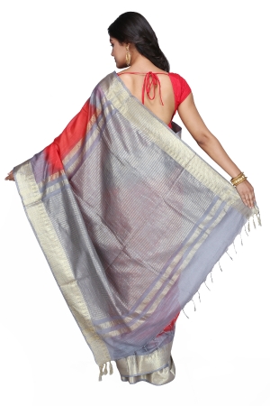 Swatika Ethnic Indian Bhagalpuri Handloom Zari Temple Red - Grey Colored Mix Silk Saree/Sari with an unstitched Blouse Piece Model No - S9OTJJ003