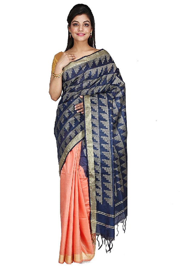Swatika Ethnic Indian Bhagalpuri Handloom Peach - Blue Colored Art Silk Saree/Sari with an unstitched Blouse Piece Model No -S9FBJJ38