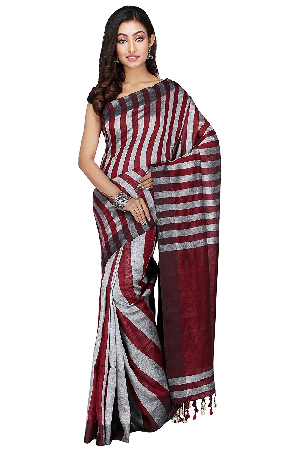 Swatika Ethnic Indian Bhagalpuri Handloom Strip Design Maroon Colored Linen Saree/Sari with an unstitched Blouse Piece Model No -S9AUNZ45