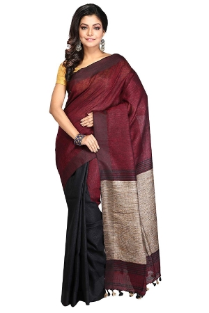 swatika Ethnic Indian Bhagalpuri women's Handloom Katia Aanchal Brown-Maroon Color Linen Saree Sari with an unstitched Blouse
