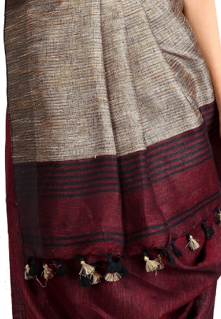swatika Ethnic Indian Bhagalpuri women's Handloom Katia Aanchal Brown-Maroon Color Linen Saree Sari with an unstitched Blouse