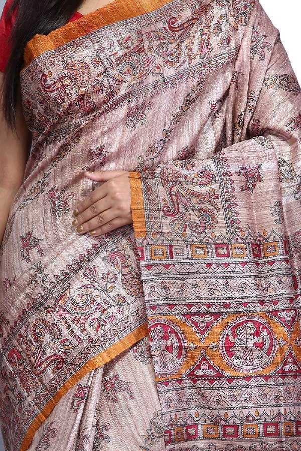 Swatika Ethnic Indian Bhagalpuri Handloom Brown Color Tussar Ghicha Silk Saree/Sari with an unstitched Blouse Piece Model No - S8AUMJ001