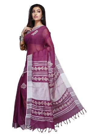 Swatika Ethnic Indian Bhagalpuri Block Printed Purple Colour Handloom Linen Saree/Sari with an unstitched Blouse Piece