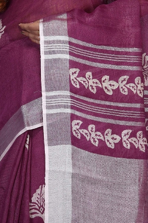Swatika Ethnic Indian Bhagalpuri Block Printed Purple Colour Handloom Linen Saree/Sari with an unstitched Blouse Piece