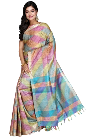 Swatika Ethnic Indian Bhagalpuri Handloom Ikkat Woven Design multicolor Colored Tussar Silk Saree/Sari with an unstitched Blouse Piece Model No - S9OTRD038