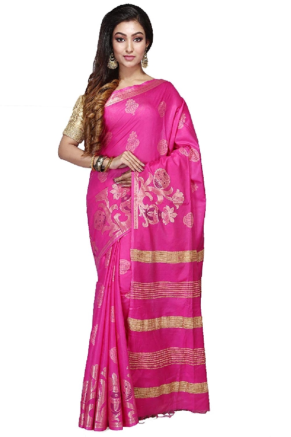 Swatika Ethnic Indian Bhagalpuri women's Handloom Pink Colour Cotton Silk Saree/Sari with an unstitched Blouse Piece