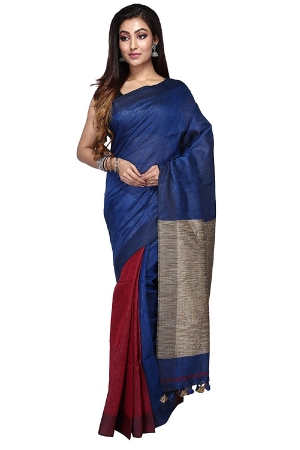 swatika Ethnic Indian Bhagalpuri women's Handloom Katia Aanchal Blue color Linen Saree/Sari with an unstitched Blouse