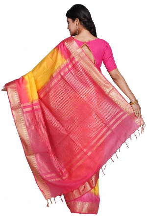 Swatika Ethnic Indian Bhagalpuri Handloom Zari Temple Yellow-Pink Colored Mix Silk Saree/Sari with an unstitched Blouse Piece Model No - S9OTJJ071