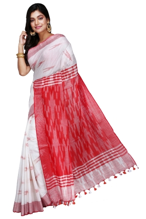 Swatika Ethnic Indian Bhagalpuri Handloom Ikkat Design White - Red Colored Slub Saree/Sari with an unstitched Blouse Piece Model No - S9OTML009