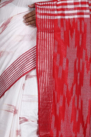 Swatika Ethnic Indian Bhagalpuri Handloom Ikkat Design White - Red Colored Slub Saree/Sari with an unstitched Blouse Piece Model No - S9OTML009