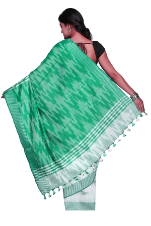 Swatika Ethnic Indian Bhagalpuri Handloom Ikkat Design White-Sea Green Colored Slub Saree/Sari with an unstitched Blouse Piece Model No - S9OTML118